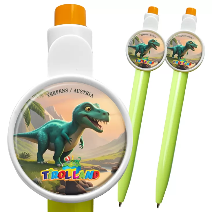 przypinka długopis Zielony tyranozaur na tle gór Tirolland