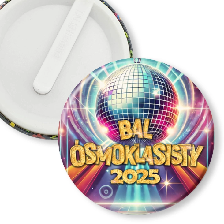 przypinka klips Bal ósmych klas z kulą i sceną disco