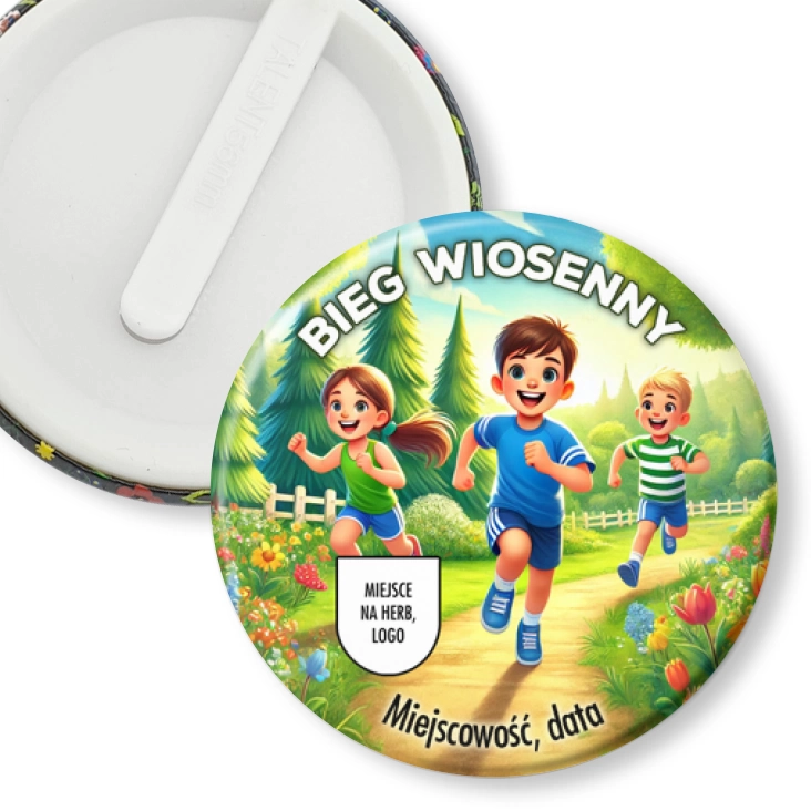 przypinka klips Bieg wiosenny dzieci na leśnej ścieżce