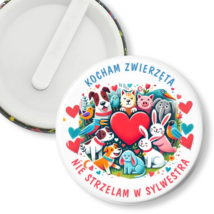przypinka klips Kocham zwierzęta. Nie strzelam w sylwestra.