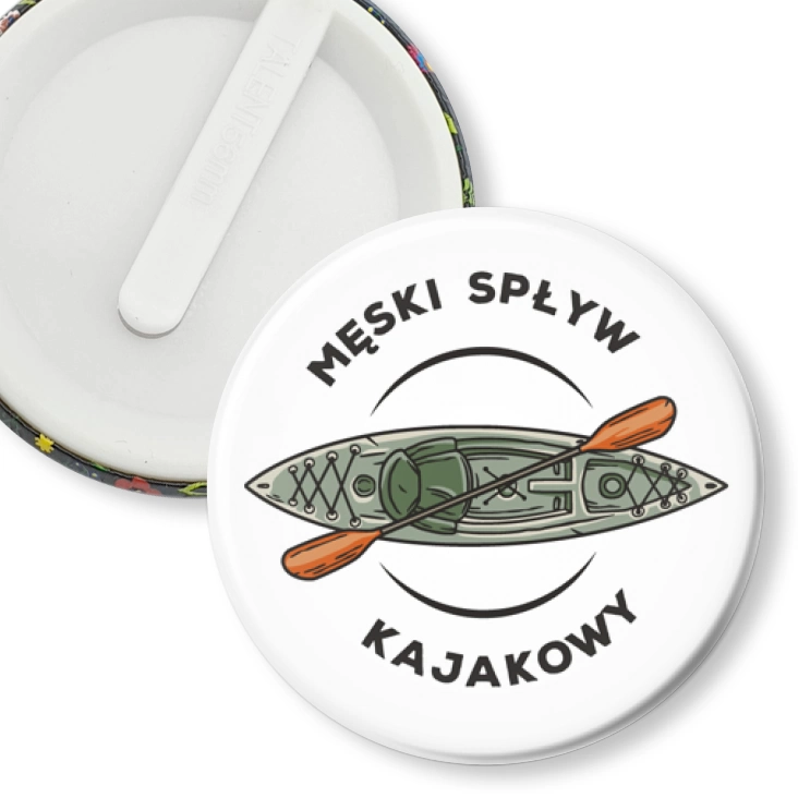 przypinka klips Męski spływ kajakowy na białym tle
