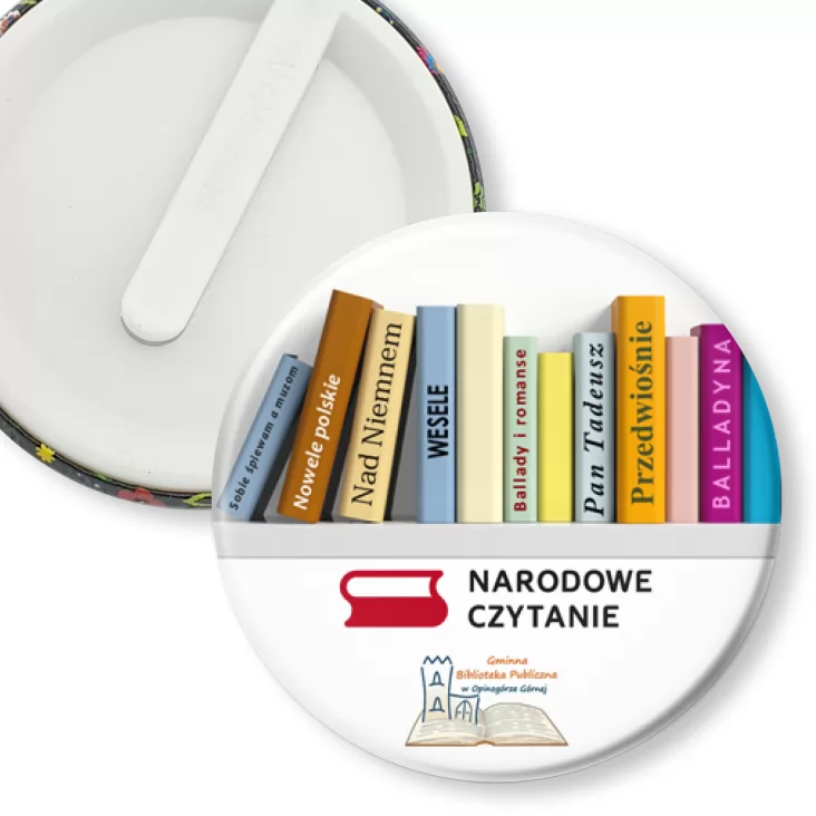 przypinka klips Narodowe Czytanie 2025 Biblioteka w Opinogórze