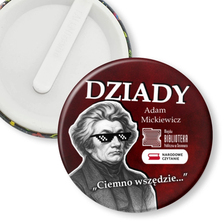 przypinka klips Narodowe Czytanie Bibliotek Publiczna w Sosnowcu