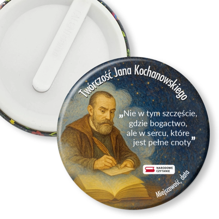 przypinka klips Narodowe Czytanie Jan Kochanowski na granatowym tle