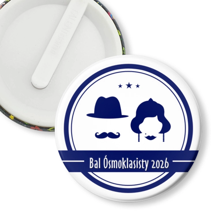 przypinka klips Bal Ósmoklasisty granatowa retro z wąsem i kapeluszem