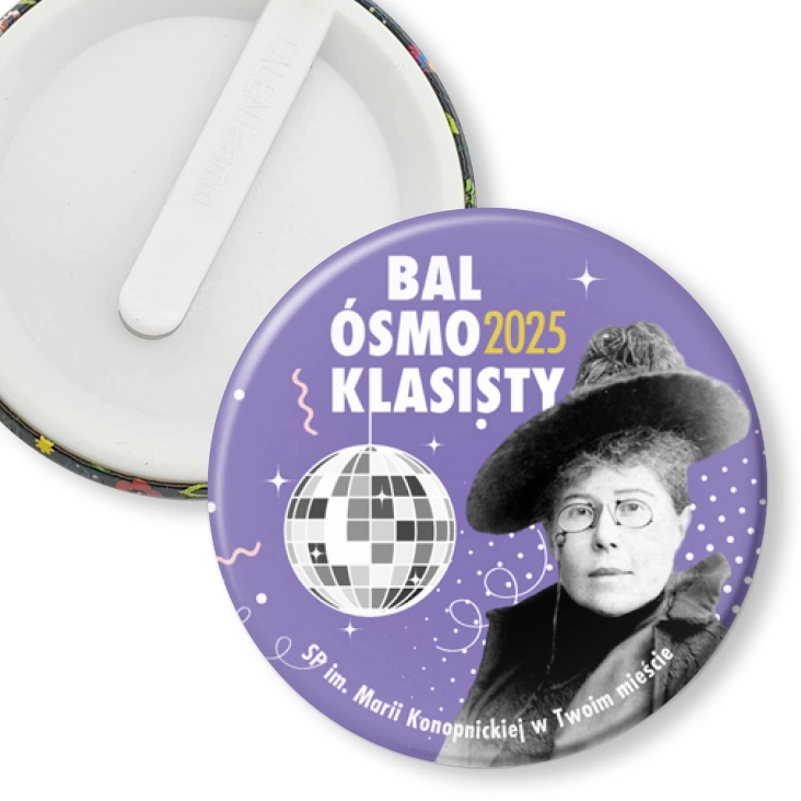 przypinka klips Bal Ósmoklasisty z Marią Konopnicką
