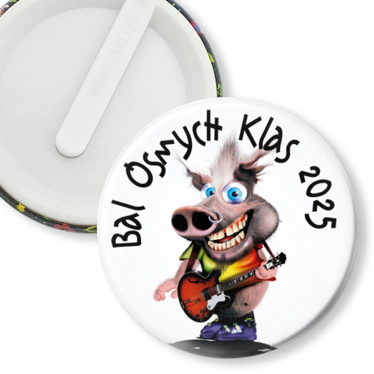 przypinka klips Bal Ósmych Klas ze świnką gitarzystą punk