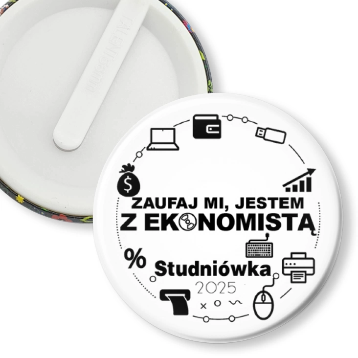 przypinka klips Studniówka biała zaufaj mi jestem z Ekonomistą