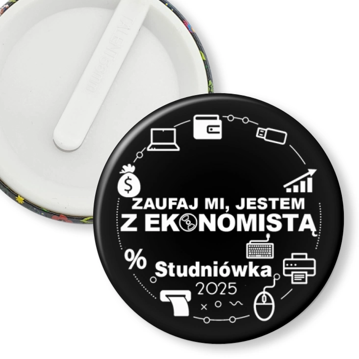 przypinka klips Studniówka czarna zaufaj mi jestem z Ekonomistą