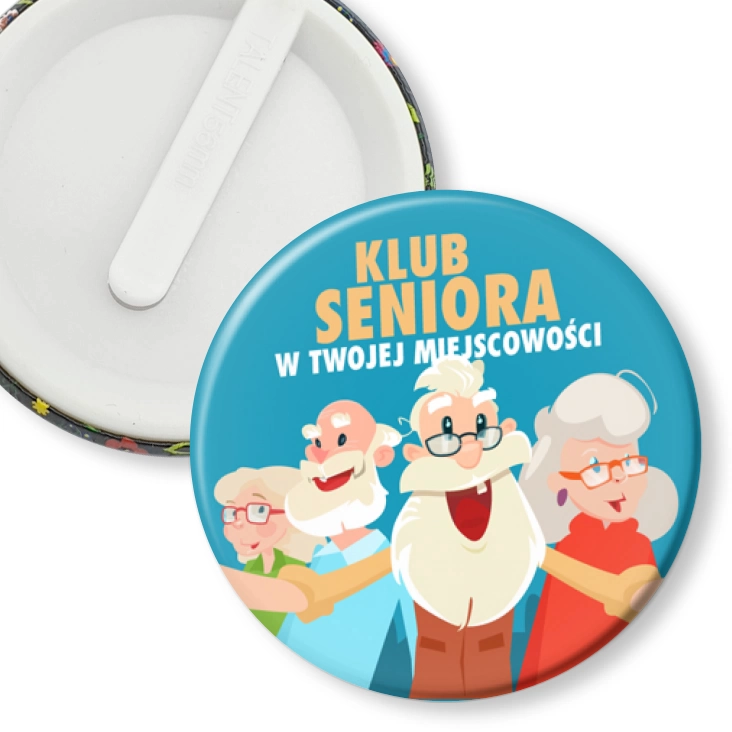 przypinka klips Klub Seniora na niebieskim tle