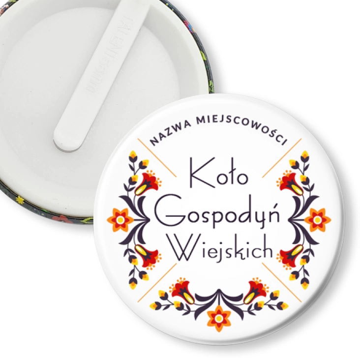 przypinka klips Koło Gospodyń Wiejskich kwiaty żółto-czerwone