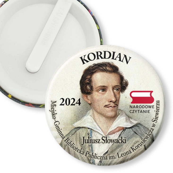 przypinka klips Kordian 2024 Narodowe Czytanie Biblioteka w Siewierzu