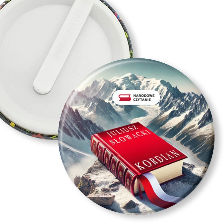 przypinka klips Kordian książka na tle Mont Blanc