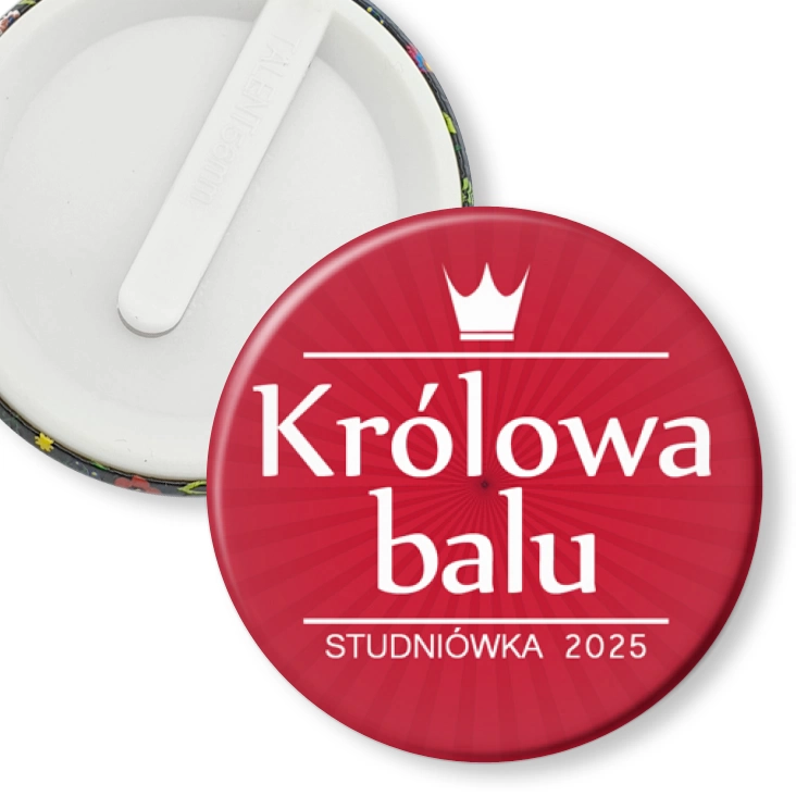 przypinka klips Królowa Balu z białą koroną czerwona