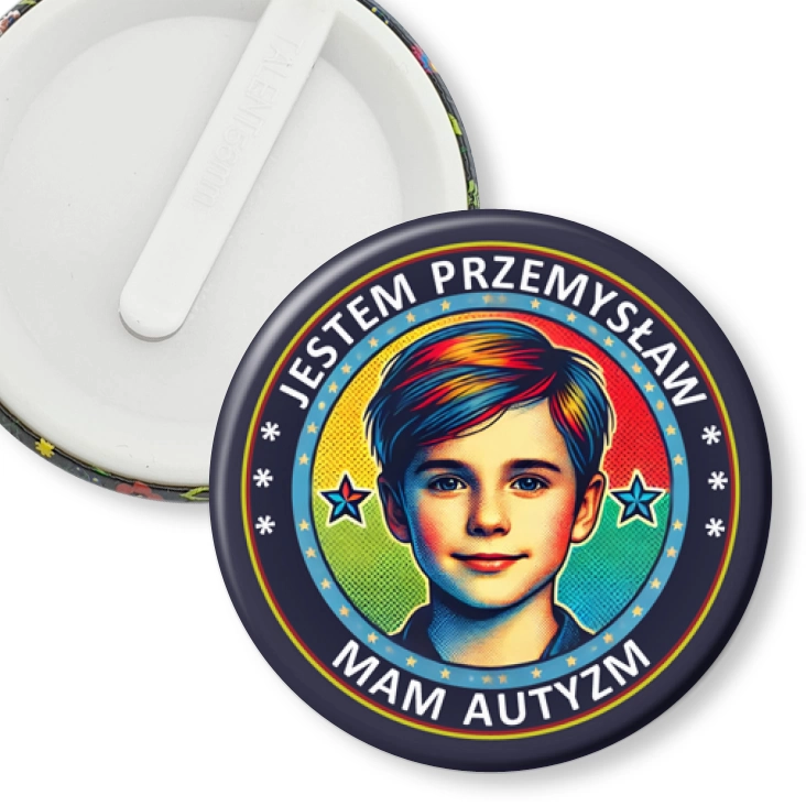 przypinka klips Mam autyzm chłopiec z imieniem