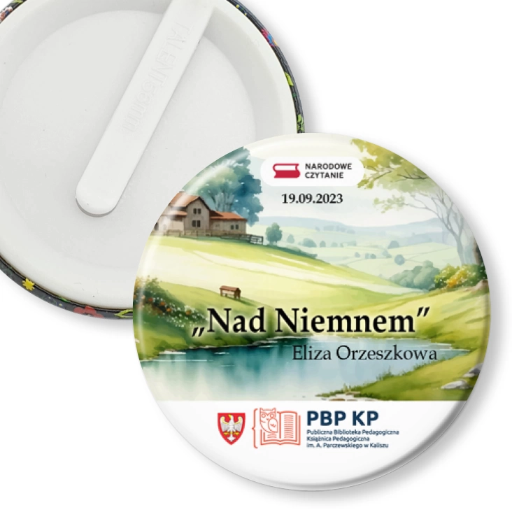 przypinka klips Nad Niemnem Narodowe Czytanie Książnica Pedagogiczna Kalisz