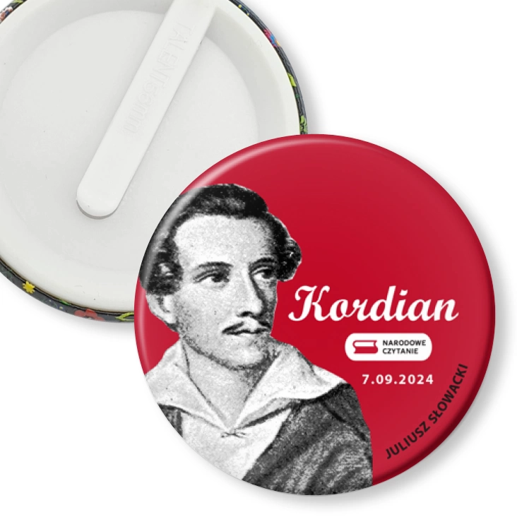 przypinka klips Narodowe czytanie Kordian Juliusz Słowacki na czerwonym tle