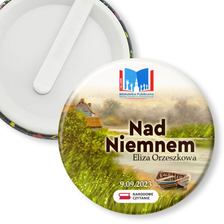 przypinka klips Narodowe Czytanie Nad Niemnem Biblioteka w Chocianowie