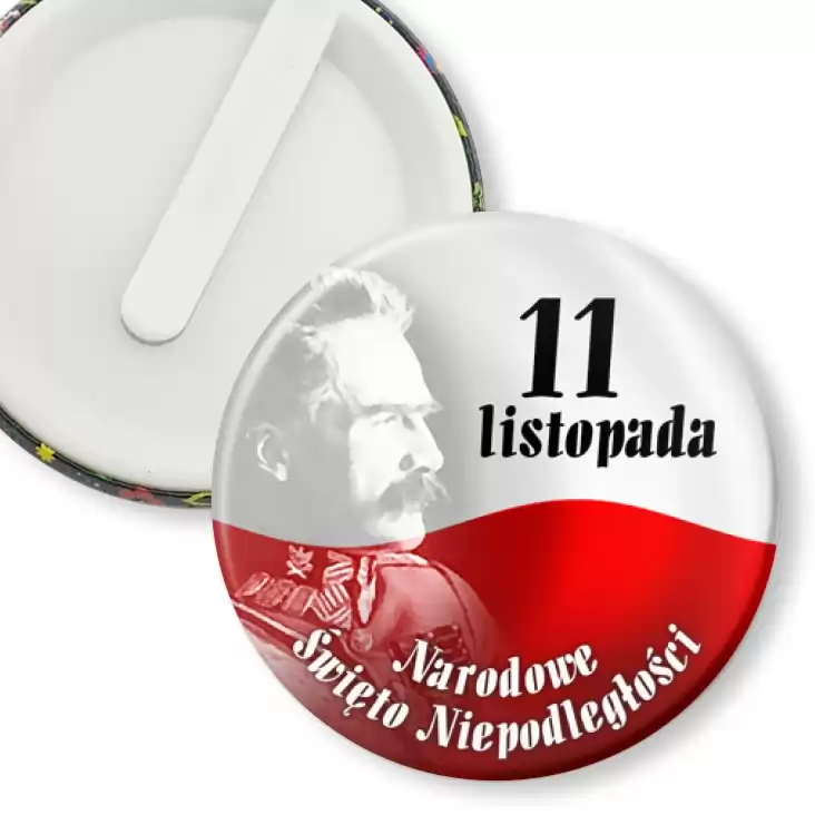 przypinka klips Narodowe Święto Niepodległości Piłsudski na tle flagi