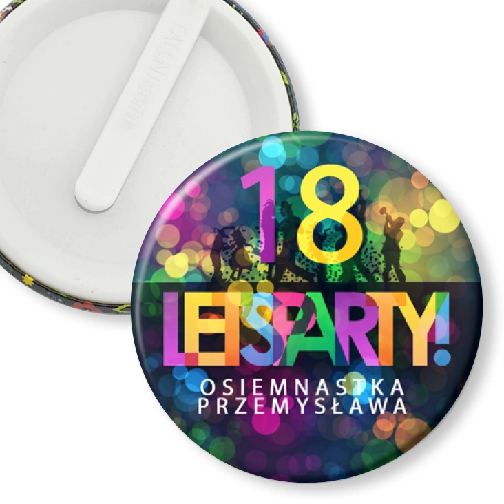 przypinka klips Osiemnastka lets party z imieniem