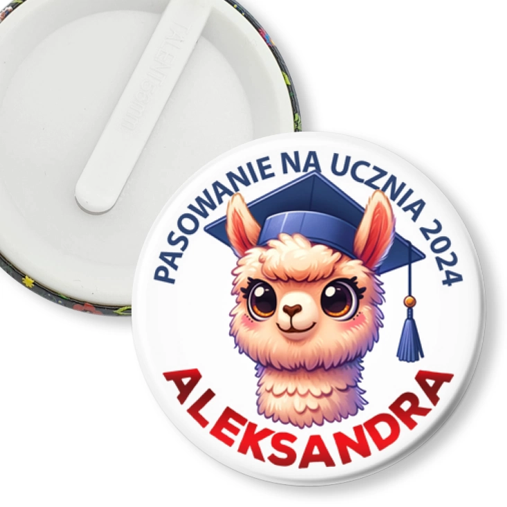 przypinka klips Pasowanie na ucznia alpaka z imieniem
