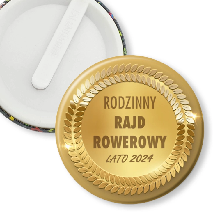 przypinka klips Rodzinny Rajd Rowerowy na złotym tle