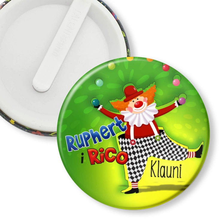 przypinka klips Ruphert i Rico Klauni na zielonym tle