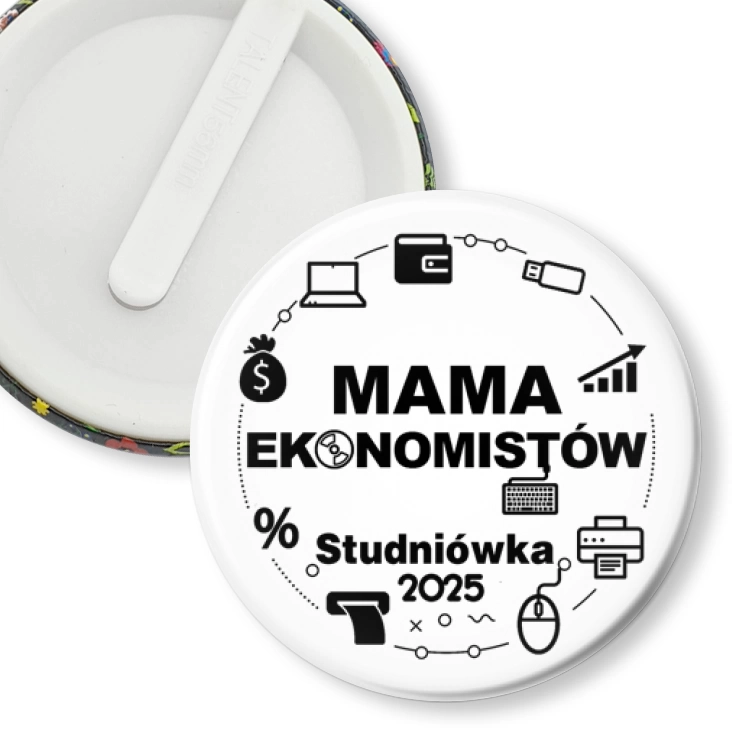 przypinka klips Studniówka Mama ekonomistów na białym tle