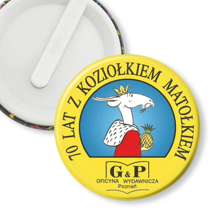 przypinka klips 70 lat z Koziołkiem Matołkiem