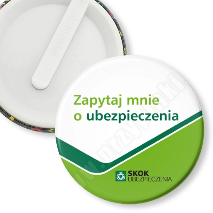 przypinka klips Zapytaj mnie o ubezpieczenia