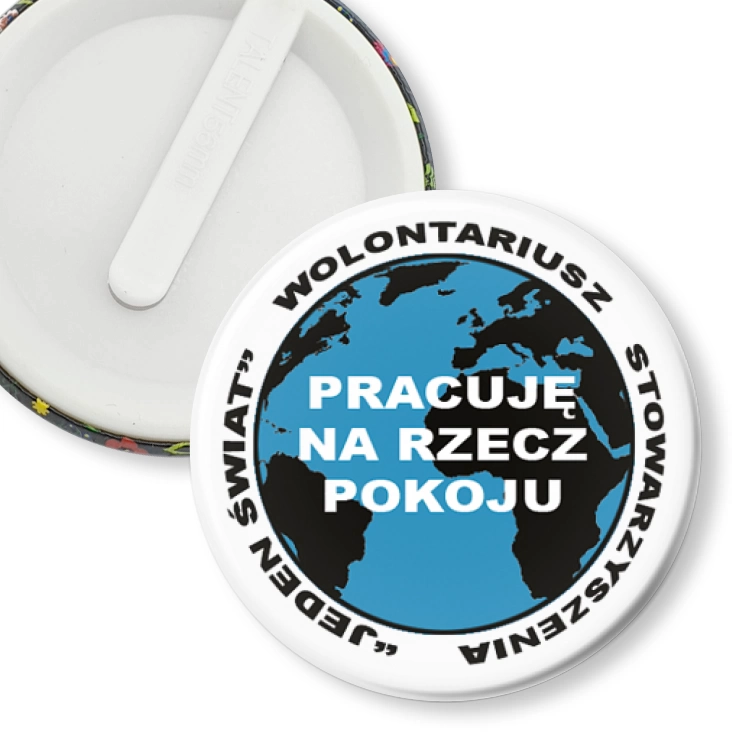 przypinka klips Pracuję na rzecz pokoju - biały