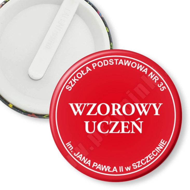 przypinka klips Wzorowy Uczeń SP35 Szczecin - czerwony