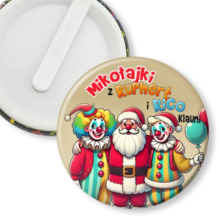 przypinka klips Ruphert i Rico Klauni ze św. Mikołajem