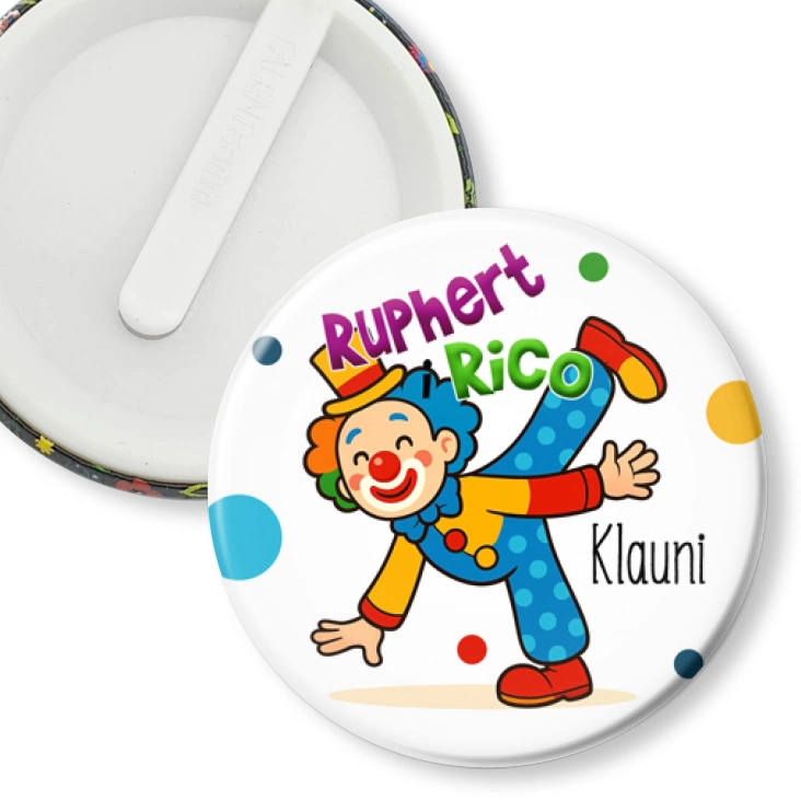przypinka klips Ruphert i Rico Klauni na białym tle