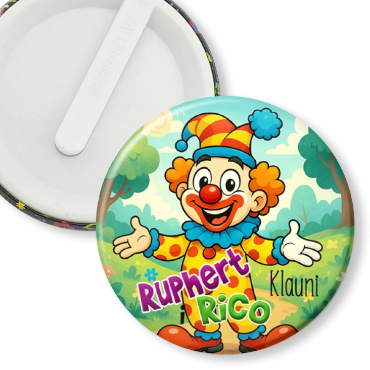 przypinka klips Ruphert i Rico Klauni w lesie