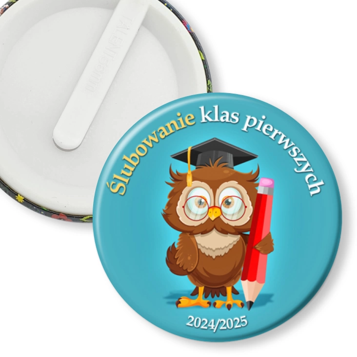 przypinka klips Ślubowanie klas pierwszych sowa z ołówkiem