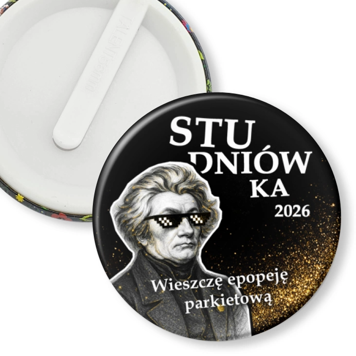 przypinka klips Studniówka z Mickiewiczem na tle ze złotym brokatem
