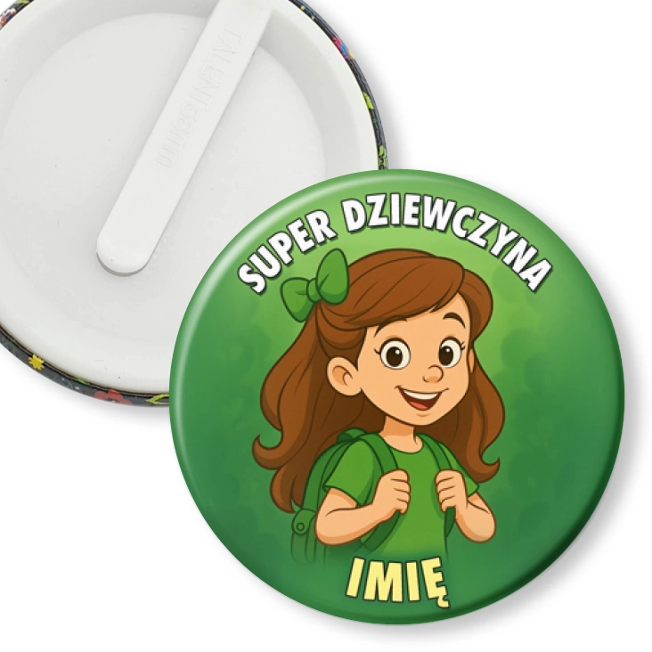 przypinka klips Super dziewczyna na zielonym tle
