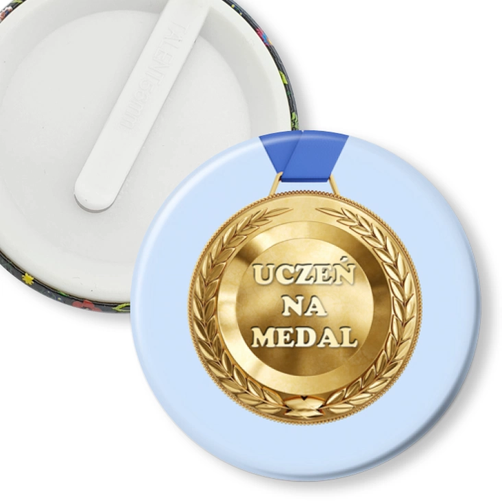 przypinka klips Uczeń na medal na niebieskim tle