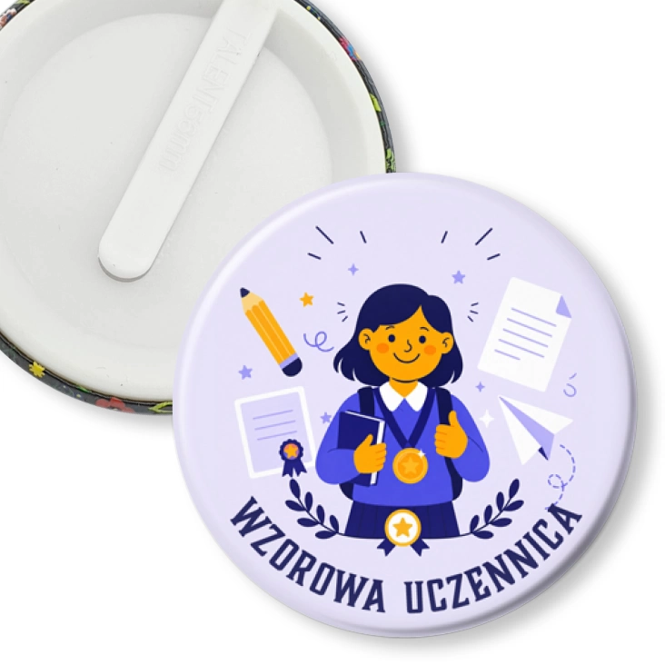 przypinka klips Wzorowa uczennica na lawendowym tle