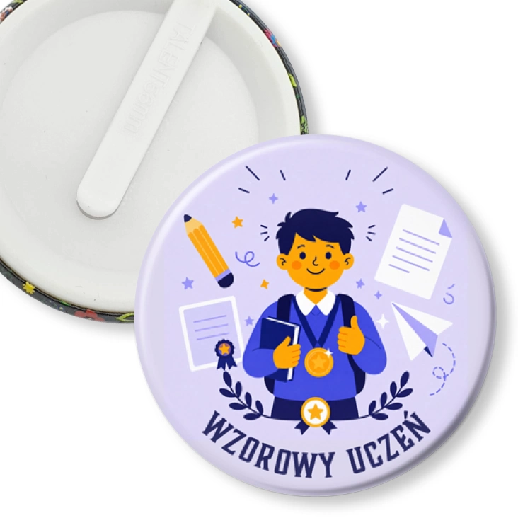 przypinka klips Wzorowy uczeń na lawendowym tle