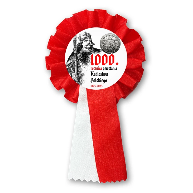przypinka kotylion 1000 rocznica Królestwa Polskiego z denarem