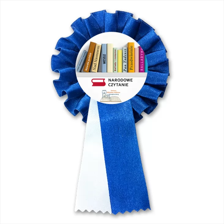 przypinka kotylion Narodowe Czytanie 2025 Biblioteka w Opinogórze