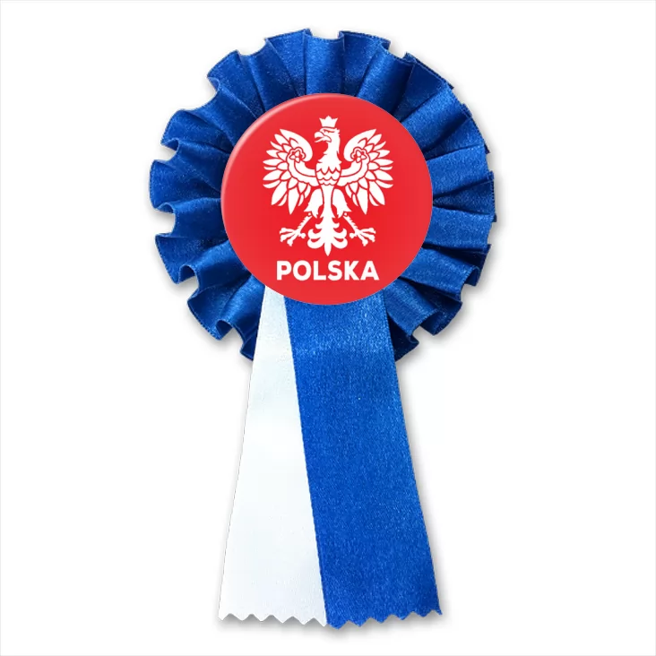 przypinka kotylion Orzeł i napis Polska na czerwonym tle