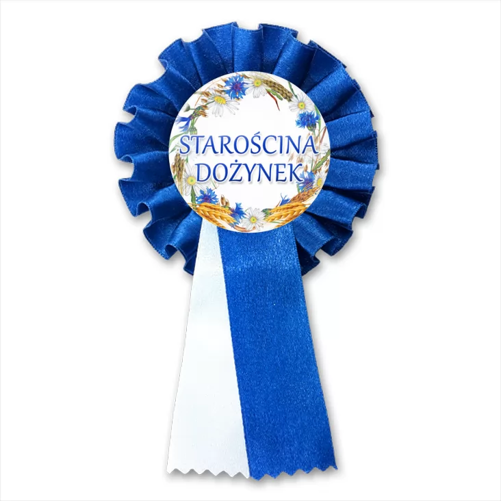 przypinka kotylion Starościna dożynek wieniec z chabrami