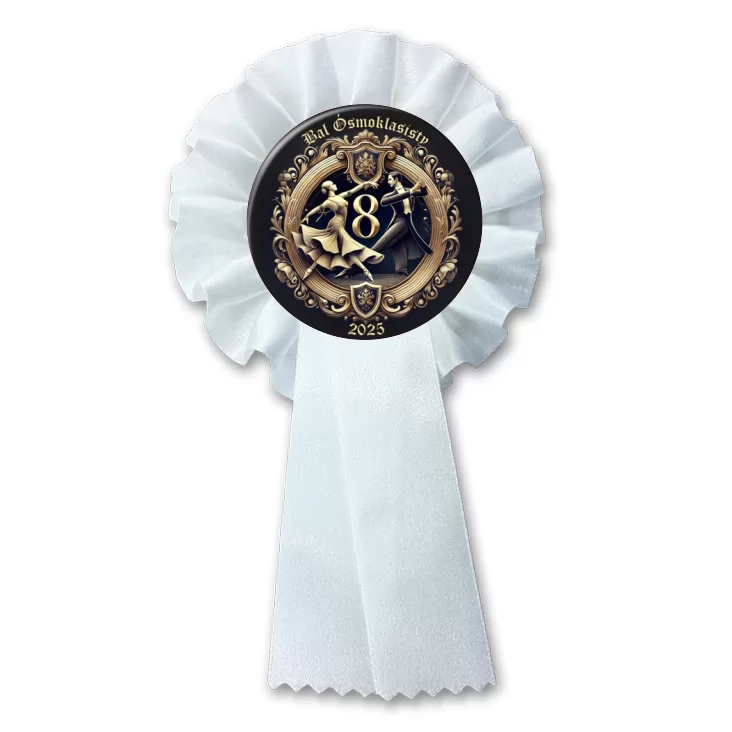 przypinka kotylion Bal Ósmych Klas herb award na czarnym tle