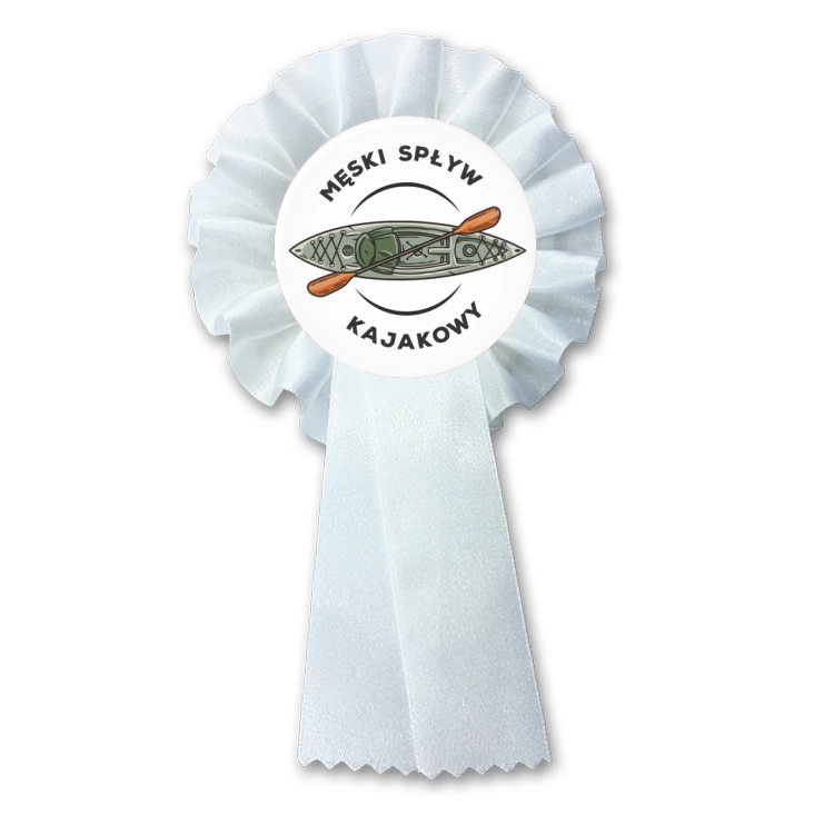 przypinka kotylion Męski spływ kajakowy na białym tle