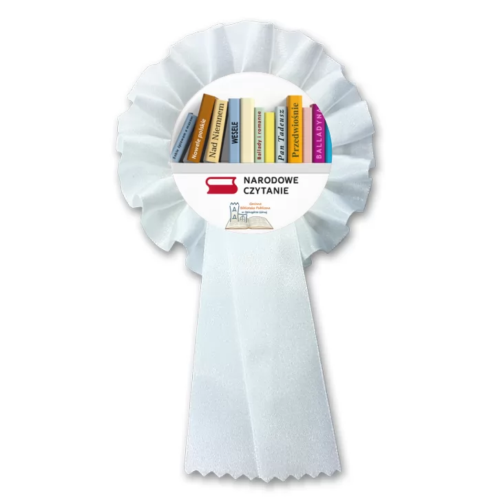 przypinka kotylion Narodowe Czytanie 2025 Biblioteka w Opinogórze