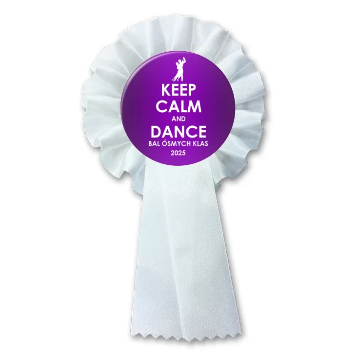 przypinka kotylion Bal Ósmych Klas keep calm and dance fioletowa