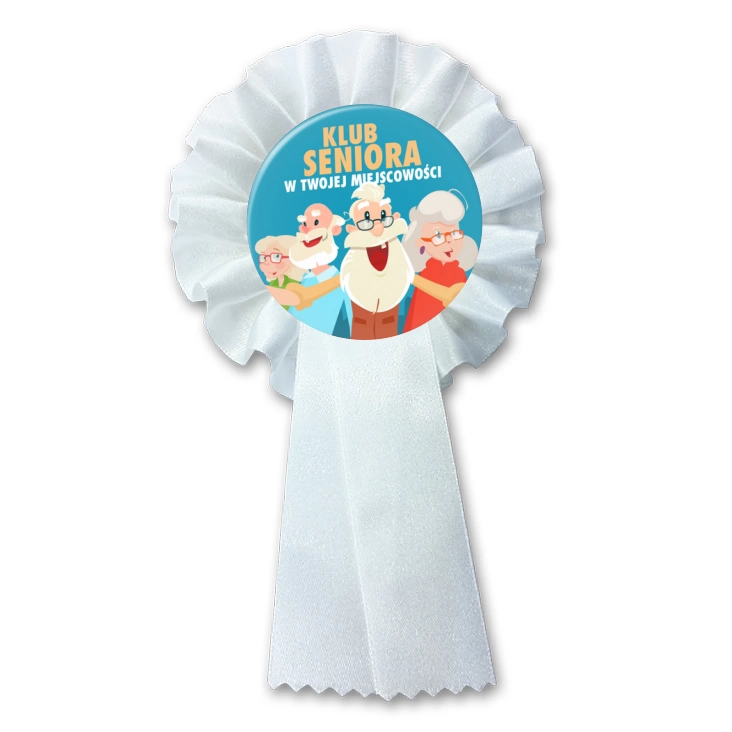 przypinka kotylion Klub Seniora na niebieskim tle